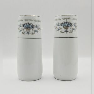 Vintage Japan Floral Porcelain Salt & Pepper Shakers Blue Roses Gold Trim